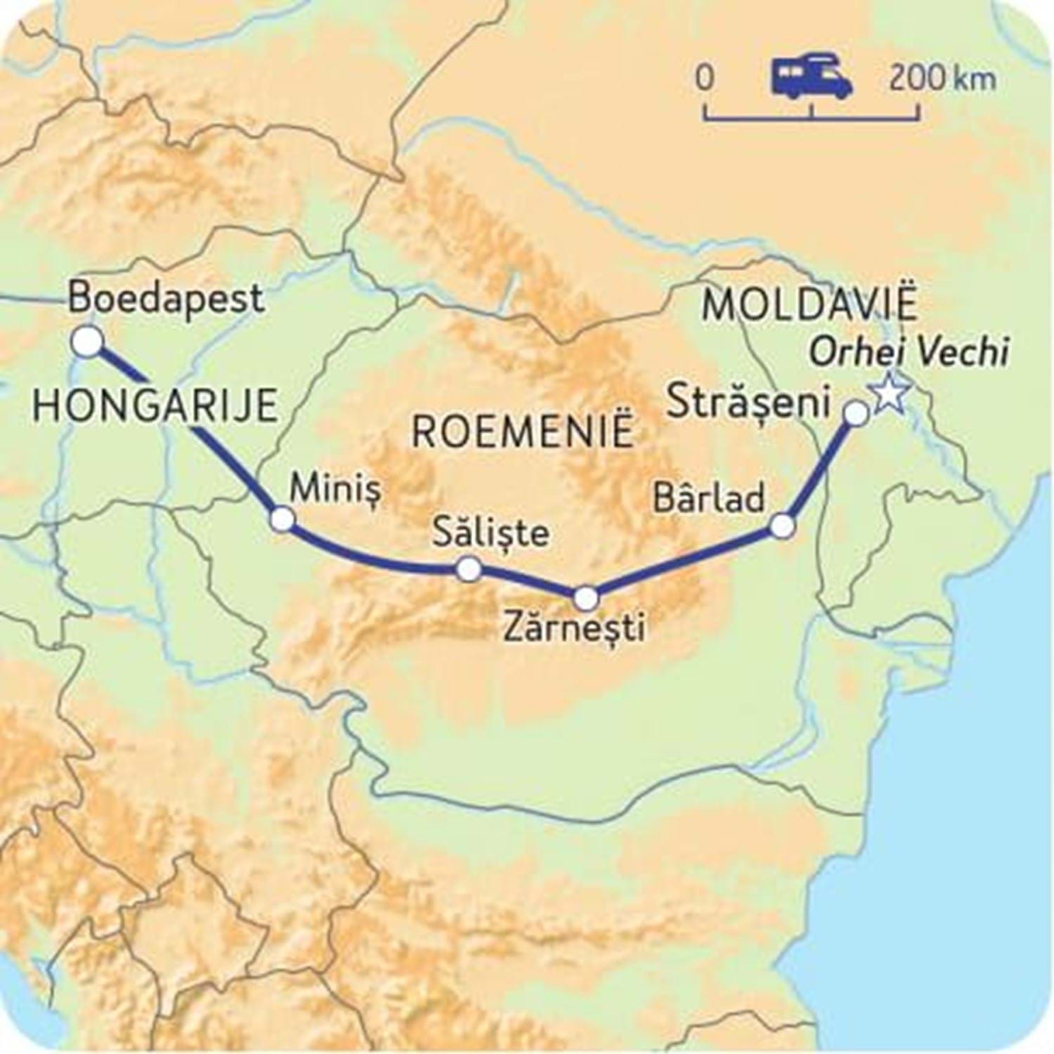 De route van de groepsreis van Boedapest, Hongarije naar Străşeni, Moldavië