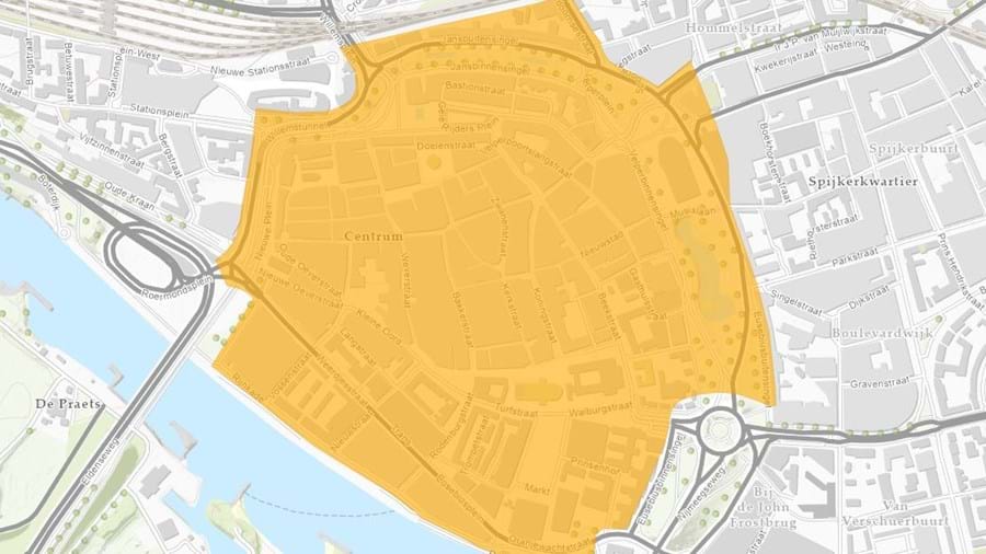 Kaart met gebied milieuzone Arnhem