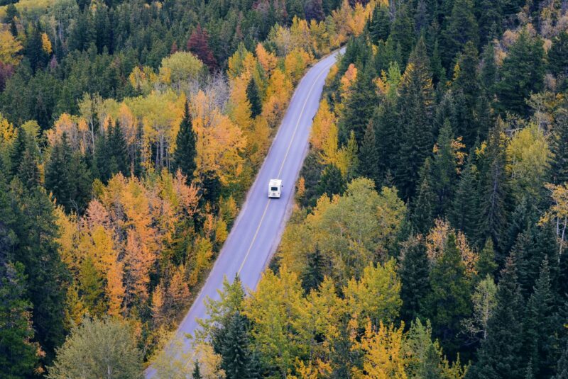 Camper rijdt door het bos