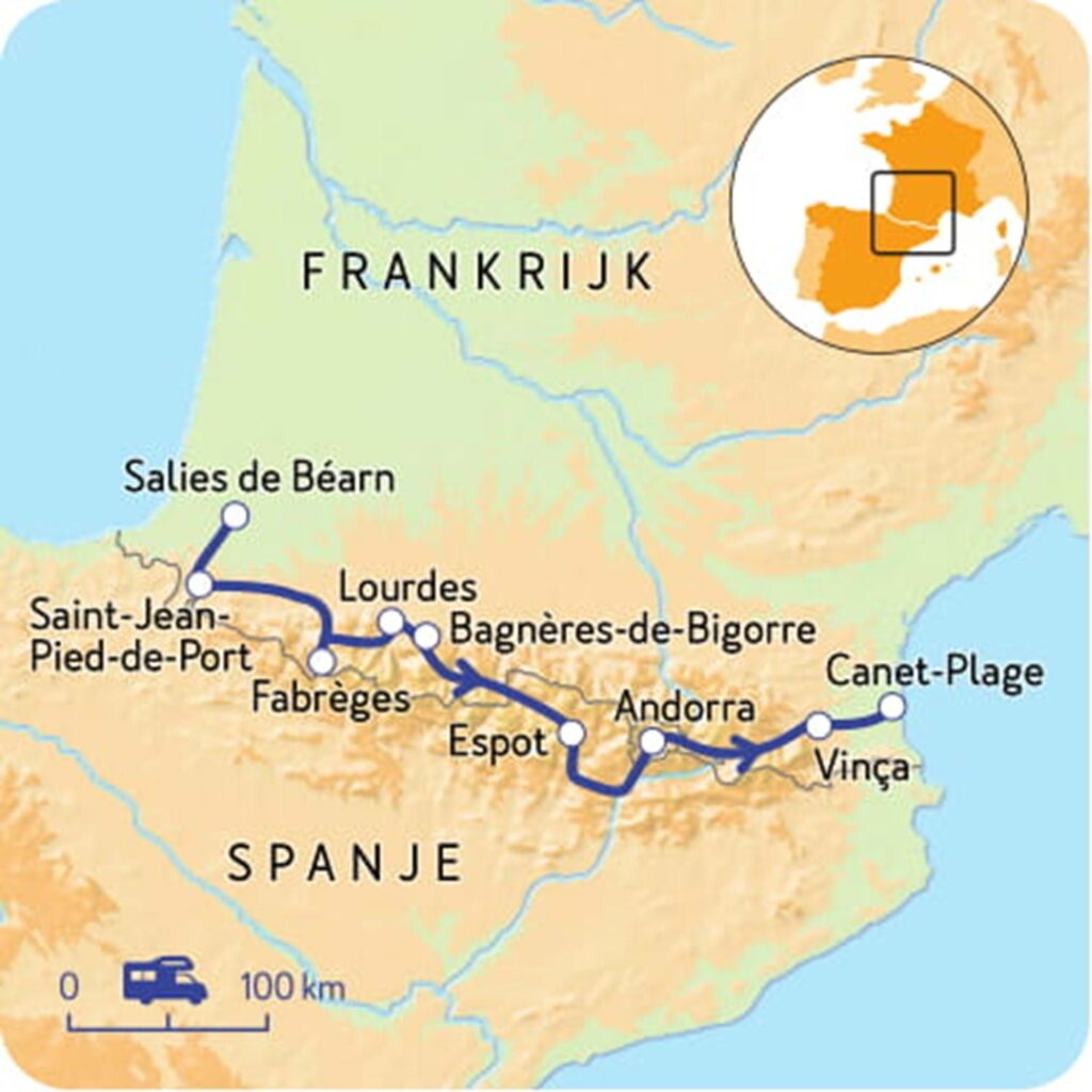 Kaart van de NKC Camperroute door de Pyreneeën