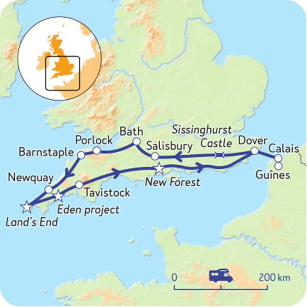 Kaartje van een NKC Camperroute door Zuid Engeland