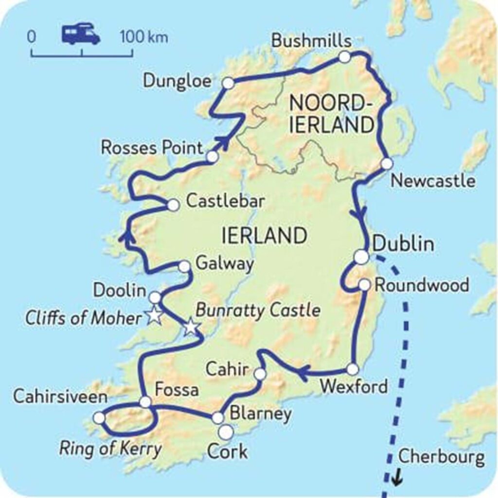 Kaartje van NKC Camperroute door Ierland