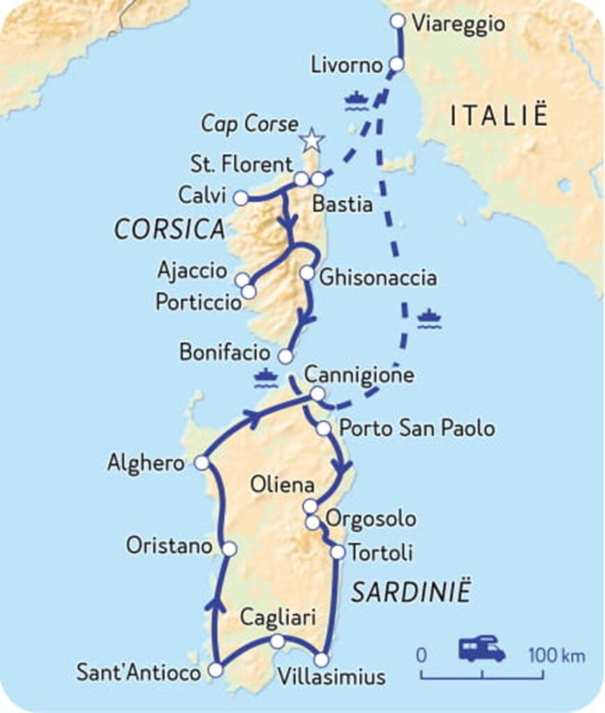 Kaart van de NKC Camperroute in Corsica en Sardinië