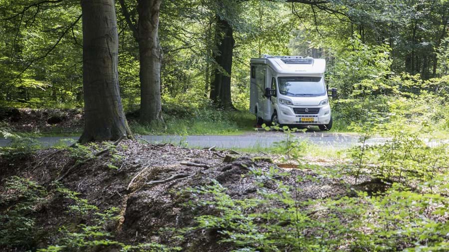 Camper in bos onder de bomen