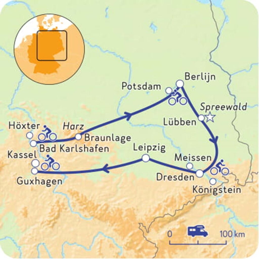 Kaartje van een NKC Camperroute door Oost-Duitsland