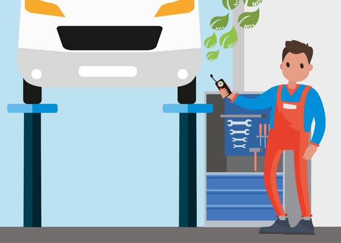 emissiefraude- man bij camper op brug illustratie
