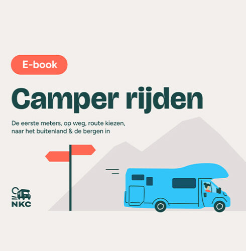 Cover van het e-book Camper rijden met daarop een camper en een wegwijzer