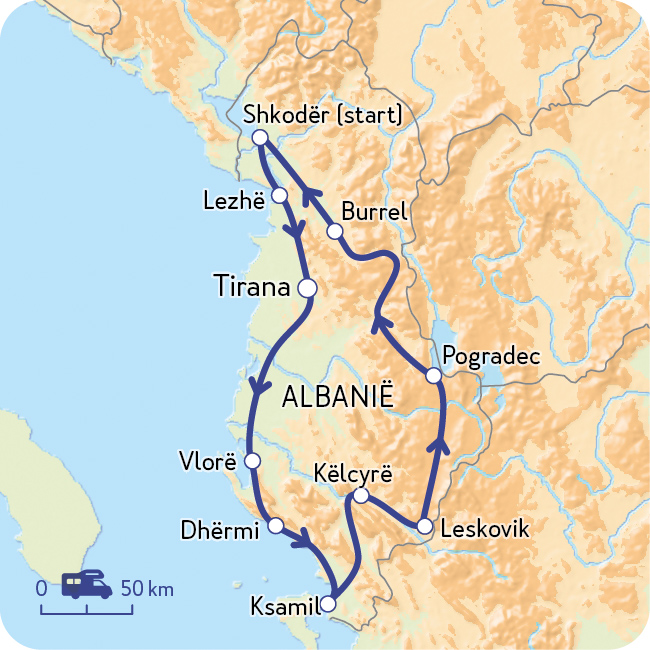 Kaart van de route door Albanië