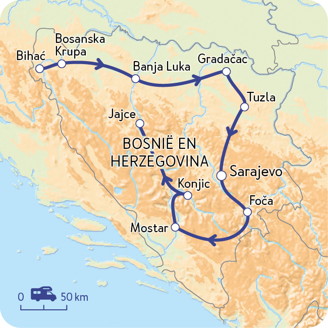 Kaart van de route door Bosnië