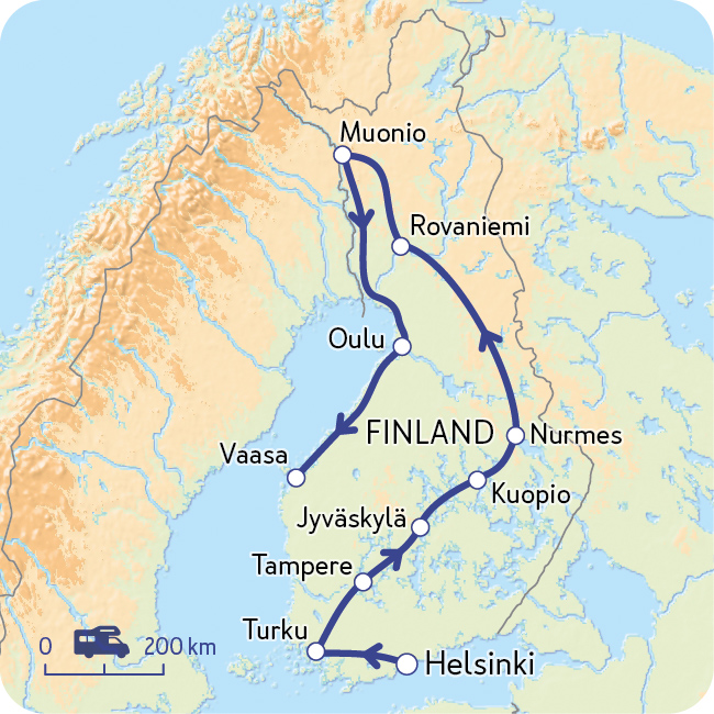 Kaart van de route door Finland