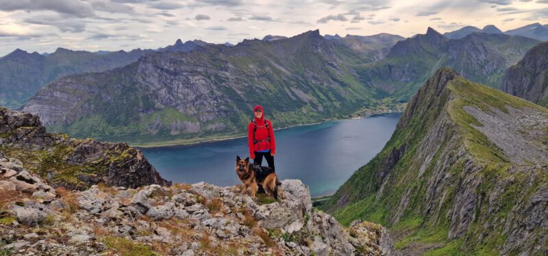Op een berg in het Noorse Senja met uitzicht. Bernadet Heimans en hond