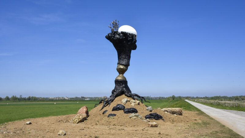 Boom kunstwerk langs fietspad van de Maas.